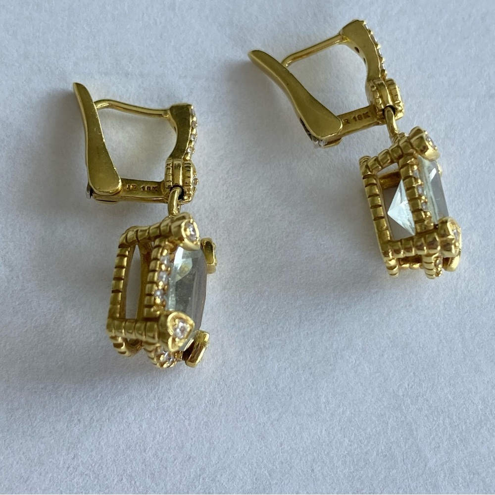Judith Ripka 18K Gold, Diamond & Prasiolite Drop dangle Earrings. Signed - Picture 4 of 11